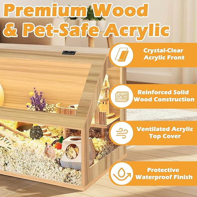 PROLEE Hamster Cage Chewproof, Sloped Mice and Rat Habitat with Clear View, Solid Built with Lockable Design and Openable Top (Oak)