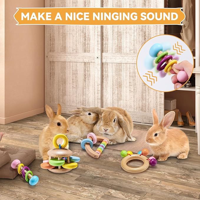 4 Pcs Wooden Bunny Toys - Safe Rabbit & Guinea Pigs Teeth Grinding Toys for Chinchillas, Hamsters & Small Animals - Indoor & Outdoor