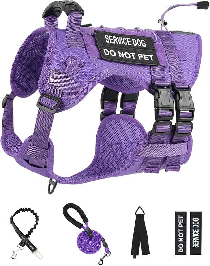 No Pull Tactical Dog Harness for Large Dogs, Escape Proof Molle Dog Vest Harness and Leash Set, Adjustable Military Service Dog Harness with Handle for Medium Large Dogs(Purple, XL)