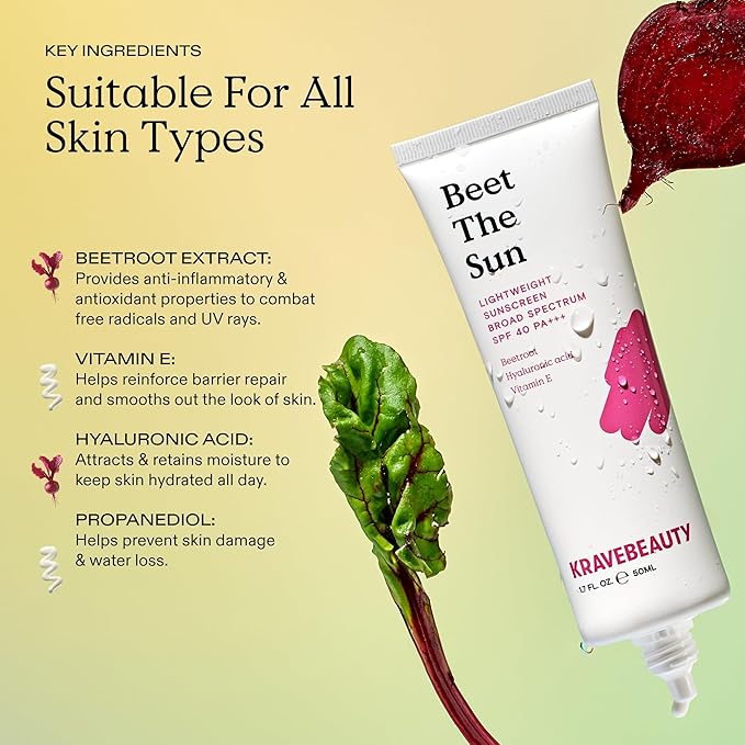 KraveBeauty Beet The Sun Lightweight Sunscreen SPF 40 PA+++, Broad Spectrum Facial Sunscreen with Beet Root Extract & Hyaluronic Acid, Non-Greasy Daily SPF Lotion for Face, Fragrance Free, 50 mL