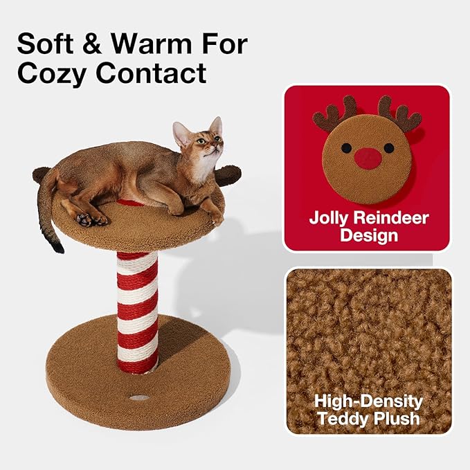 VETRESKA 18.1" Reindeer Cat Scratching Post, Two-Layer Soft Plush Platforms, Space-Saving Kitten Christmas Cat Scratch & Rest Furniture, Holiday Decoration