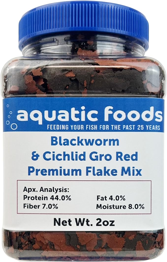 Aquatic Foods Inc. California Blackworm & Cichlid Color Red Premium Flakes for Discus, Cichlids All Community Tropical Fish Also Pellet Mix, Wafer Mix Included…2oz Jar