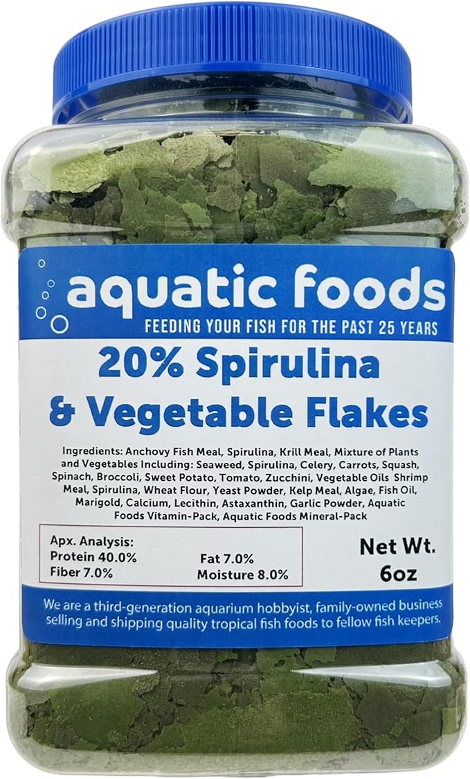 Aquatic Foods Inc. Vegetable & 20% Spirulina Plus Enhanced Premium Flakes. Aquatic Foods Premiun Flakes…6oz Med Jar