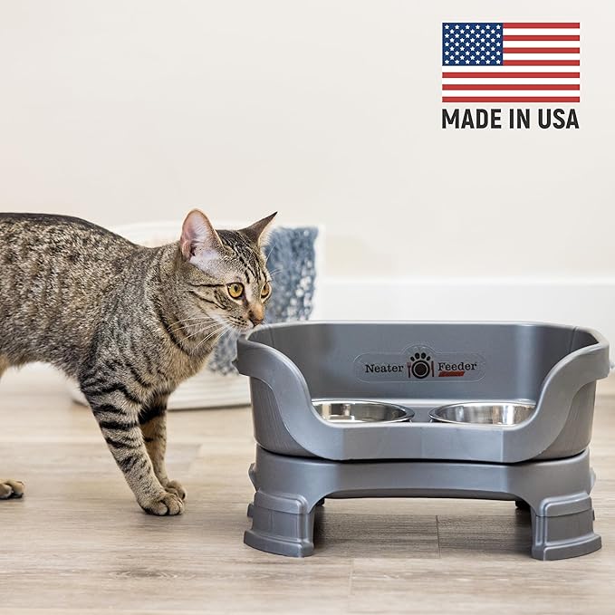Neater Feeder Deluxe Mess Proof Cat Bowls Elevated for All Breeds – Made in USA – No Spill Raised Cat Bowls for Indoor Cats w/Leg Extensions – Stainless Steel Cat Food and Water Bowl Set - Grey