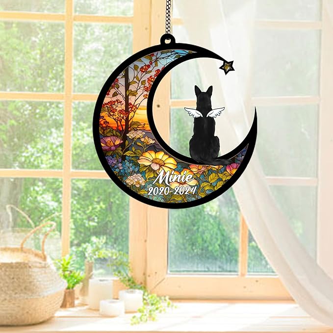 Personalized German Shepherd (Black) Sun Catcher, Dog Memorial Gifts, Custom German Shepherd (Black) with Wings Ornament Christmas Tree, Loss of Dog Sympathy Gift Memorial Suncatchers