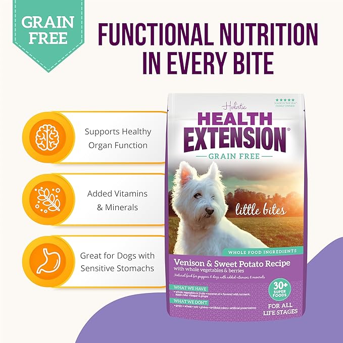 Health Extension Grain Free Venison & Sweet Potato Little Bites Small Kibble Formula with 30+ Superfoods Lean Protein, and Probiotics for Teacups, Toys & Miniature Dogs (3.5lb)