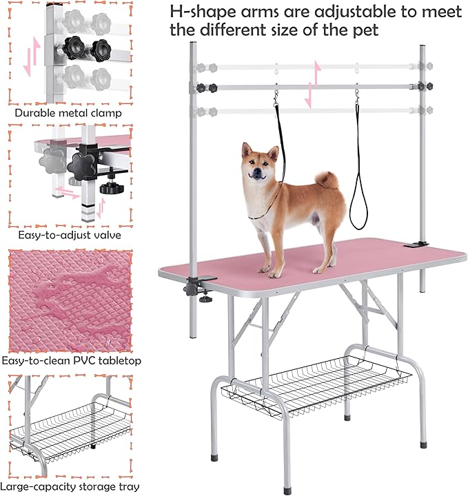Yaheetech 46'' Pet Grooming Table for Large Dogs Adjustable Height - Portable Trimming Table Drying Table w/Arm/Noose/Mesh Tray Maximum Capacity Up to 265Lb -Pink
