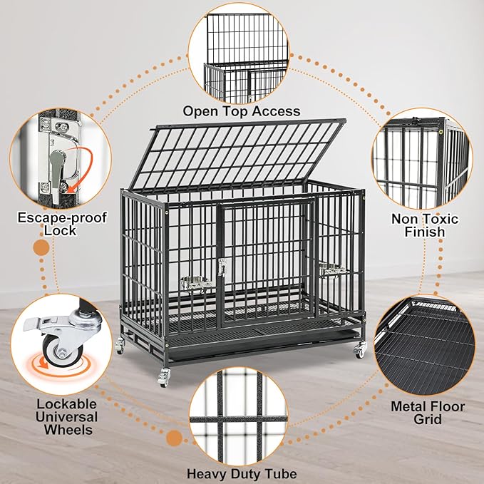 Homey Pet 37 Inch Heavy Duty Dog Crate for Medium Dogs, Stackable Dog Cage with Four Lockable Wheels, Removable Tray & Grid, Open Top, Escape Proof Dog Kennel Indoor