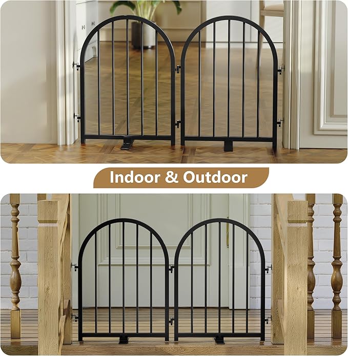 Full Metal Dog Gate for Indoor Outdoor, 24" Tall Free Standing Pet Dog Fence, 36" Wide Arched Pet Gates for Stairs, Hallways, Doorways, Kitchen, Decks, Yards (Black, 2 Panels)