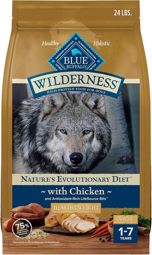 Blue Buffalo Wilderness Adult Weight Control Dry Dog Food with Real Chicken Plus Wholesome Grains, High-Protein Recipe, Made in The USA with Natural Ingredients, Chicken 24-lb. Bag