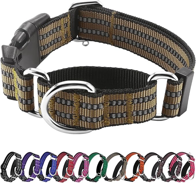 Hikiko Martingale Dog Collars Reflective Nylon Dog Collar with Quick Release Buckle Adjustable Training No Slip Dog Collar (Medium, Brown)