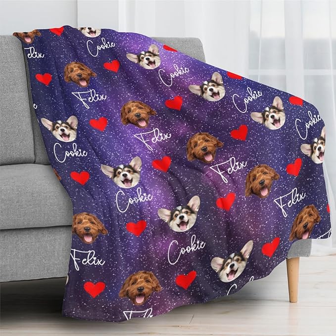 D-Story Custom Blanket with Dogs Pictures & Name Personalized Funny Dog Face Throw Blankets 1-6 Photos Customized Funny Christmas Gag Gift for Friends Dog Dad Mom Birthday Christmas