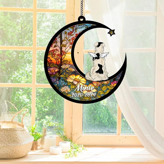 Personalized Border Collie (Cream) Sun Catcher, Dog Memorial Gifts, Custom Border Collie (Cream) with Wings Ornament Christmas Tree, Loss of Dog Sympathy Gift Memorial Suncatchers