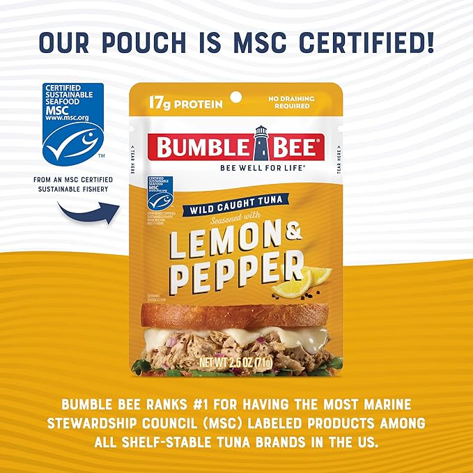 Bumble Bee Lemon & Pepper Seasoned Tuna, 2.5 oz Pouches (Pack of 12) - Ready to Eat - Wild Caught Tuna Packet - 17g Protein per Serving - PERFECT, PORTABLE, GOODNESS