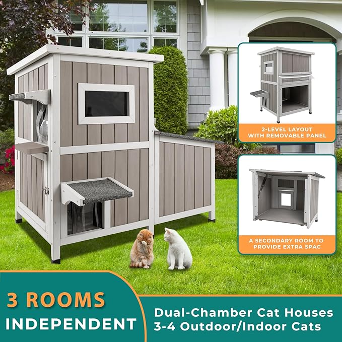 PetsCosset Cat House for Outdoor Cats Outside Feral Cat Shelter Weatherproof Wooden Cat Houses for 2-3 Cats with 3 Rooms 3 Escape Doors 2 Openable Asphalt Roofs