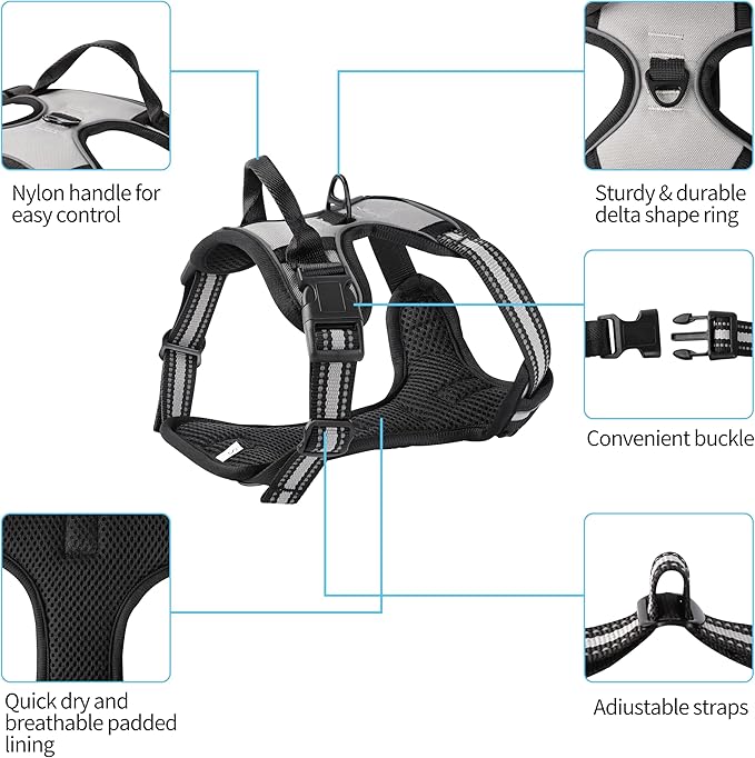 Gray No-Pull Dog Harness with 2 Leash Clips，Soft Padded Vest for Small Dog, Adjustable Reflective Dog Vest Easy to Put on and Take Off,(Neck: 13"~17", Chest: 17"~21",Gray Small)