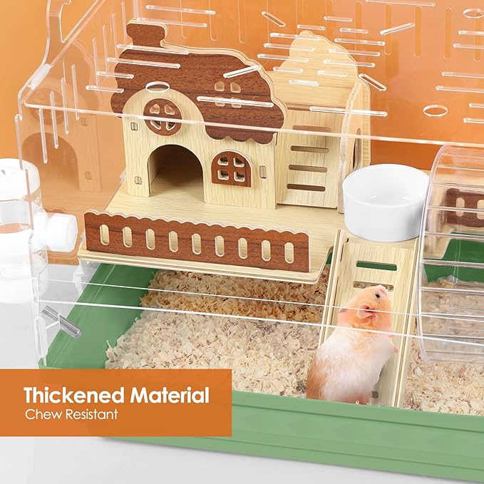 Hamster Cage Acrylic Hamster Habitat 360 Viewing Transparent Pet Rat Cage with Running Wheel & Hideout for Dwarf/Syrian Hamsters, Mice & Gerbils, Green, 13.3" L*10.2" W*12.4" H