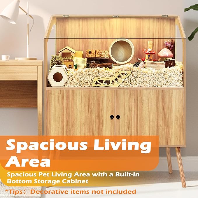 PROLEE Hamster Cage with Storage Cabinet,Large Hamster Encloure Chew Proof Wood,Clear View Hamster Habitat for Guinea Pig, Ferret, Rat, Hedgehog, 40" L x 20" W x 47" H (Oak)
