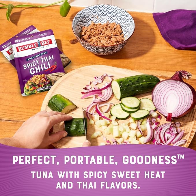 Bumble Bee Seasoned Tuna On The Go Bundle - Lemon & Pepper and Spicy Thai Chili - (2) Ready to Eat 2.5 oz Packets and (2) Snack Sized 3 oz Cans