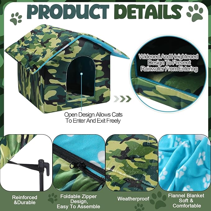 Outdoor Cat House Weatherproof Insulated Feral Cat Shelter Self Heating Pet House with Self Warming Pad Blanket Stake Winter Camouflage Collapsible Pet Shelter 14" x 13" x 12" (S Size)