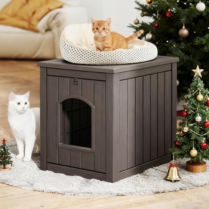 KAMABOKO Outdoor Cat House Weatherproof Plastic Cat Shelter for Indoor & Outdoor, Durable All-Season Pet House, V-Gray