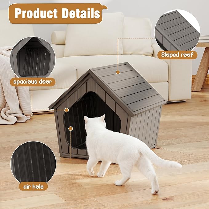Outdoor Cat House Weatherproof, Plastic Cat House with Wide Entry, Feral Cat Shelter for Porch, Garden, Backyards, Garage, Neighborhood, Indoor(Gray)