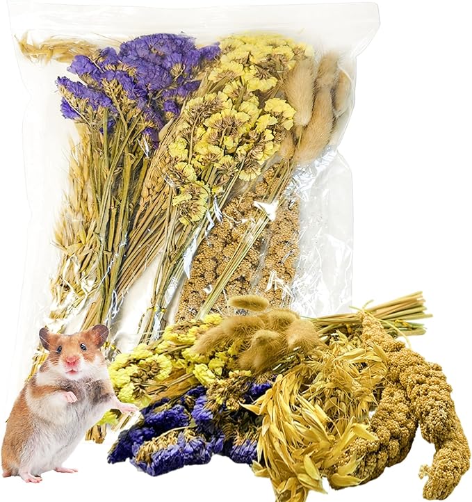 Natural Hamster Flower & Herb Habitat Deocr, Edible Hamster Sprays Flowers Bedding Mate, Hamsters Cage Enrichment Decoration Accessories for Gerbil Dwarf Syrian Hamsters Guinea Pig Mice