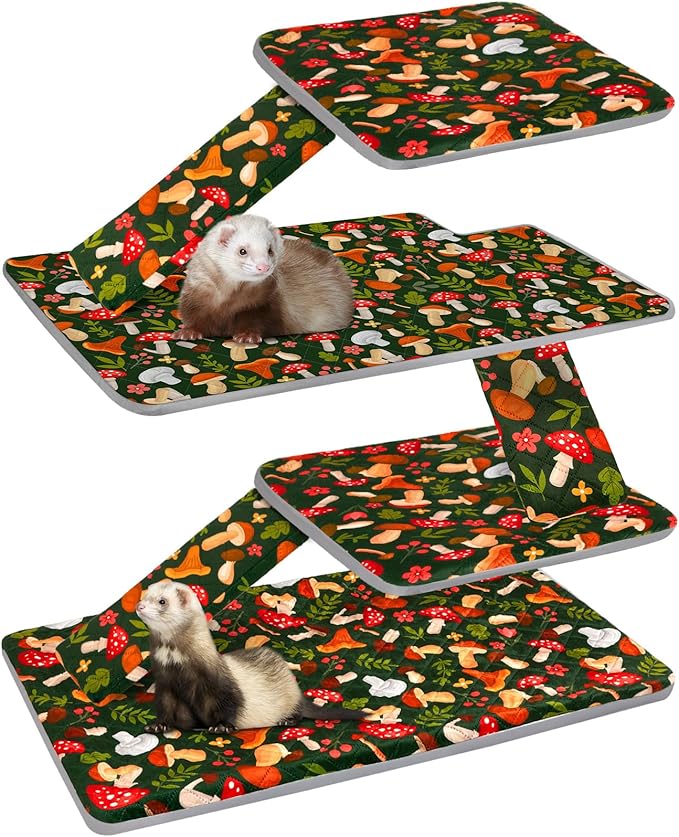 Bienbee Ferret Cage Liner Set, Waterproof Ferrets Cage Accessories for Small Animals Rats Chinchillas Hedgehogs Ferrets(Green Mushroom, Double Unit Combo)