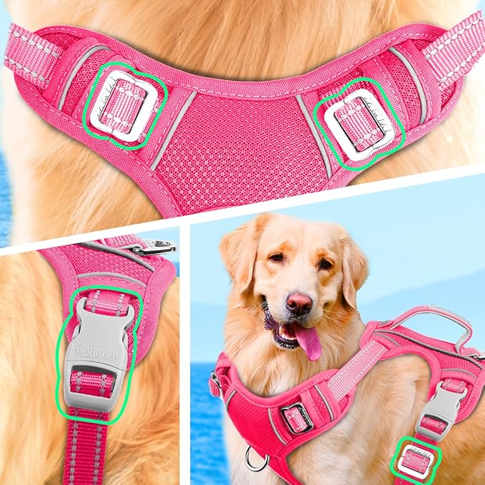 BARKBAY No Pull Dog Harness Large Reflective Dog Harness with Front Clip and Easy Control Handle for Walking Training Running with ID tag Pocket(Pink,L)