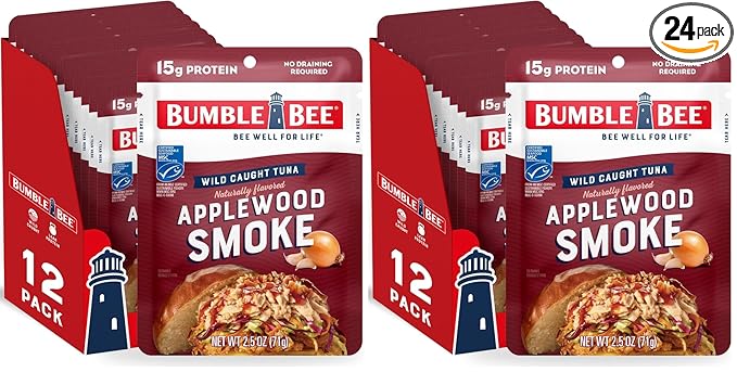 Bumble Bee Applewood Smoke Tuna, 2.5 oz Pouches (Pack of 24) - Ready to Eat - Wild Caught Tuna Pouch - 16g Protein per Serving - No Draining Required