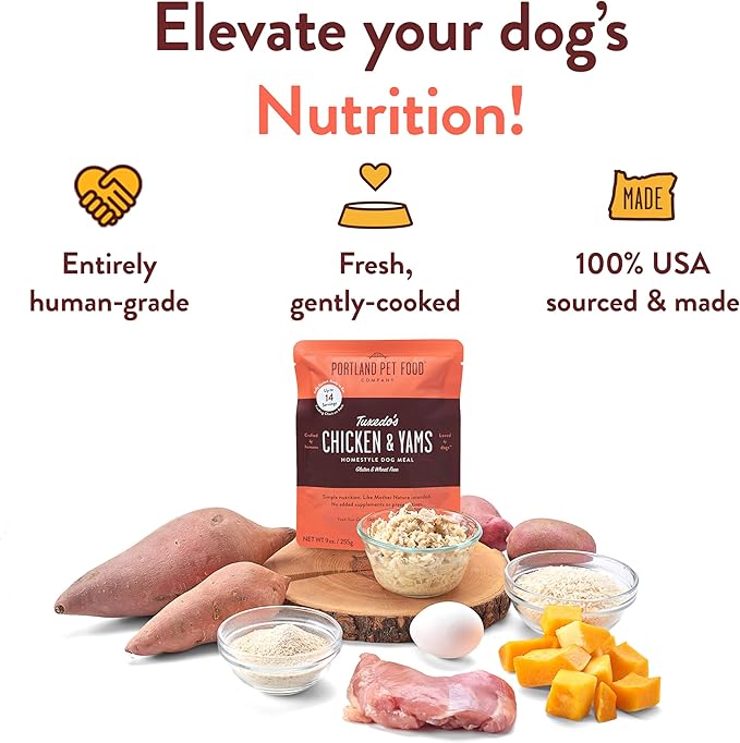 Portland Pet Food Company Fresh Dog Food Pouches - Human-Grade Toppers Wet Pet Meal & Mixers - Gluten-Free Limited Ingredient Tuxedo’s Chicken & Yams - Large & Small Breed Puppy & Senior Dogs - 5 Pack