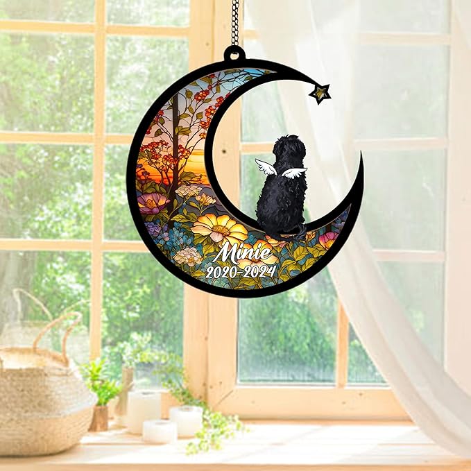 Personalized Portuguese Water Dog Sun Catcher, Pet Memorial Gifts, Custom Portuguese Water with Wings Ornament Christmas Tree, Loss of Dog Sympathy Gift