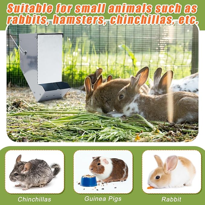 Maxcheck 2 Pcs Rabbit Feeder for Cages Small Animal Food Dispenser with Lid Metal Chicken Grit Oyster Shell Feeders Outside (3.2 Inches,Mesh Bottom,Silver)