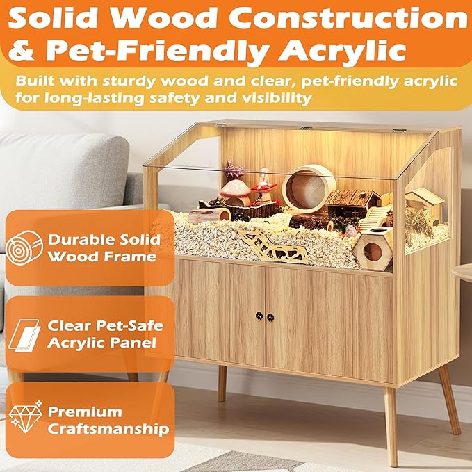 PROLEE Hamster Cage with Storage Cabinet,Large Hamster Encloure Chew Proof Wood,Clear View Hamster Habitat for Guinea Pig, Ferret, Rat, Hedgehog, 40" L x 20" W x 47" H (Oak)