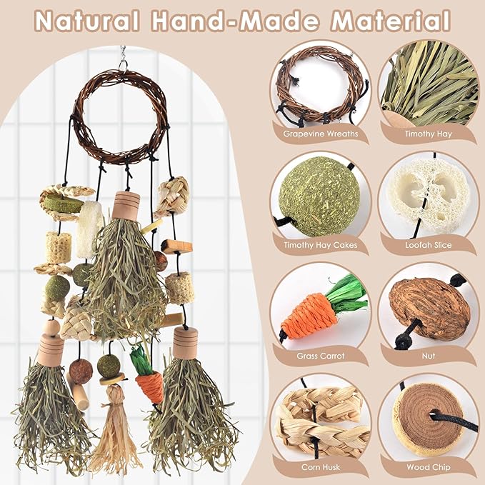 Bissap Rabbit Chew Toy, Bunny Cage Hanging Chewing Toys and Treats Wooden with Snacks for Guinea Pigs Chinchillas Hamsters Rats and Other Small Pets Teeth Grinding (Timothy Hay & Vine)