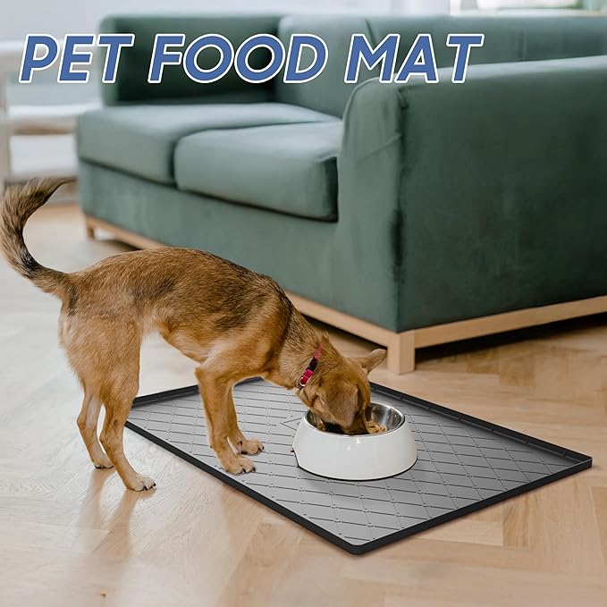URMONA Large Dog Food Mat, 28" x 22" Pet Food Mat, Waterproof Dog Cat Food Mat with Raised Edges, Silicone Pet Food Mat, Dog Accessories, Prevents Food Spills, Protects Floors（Black）