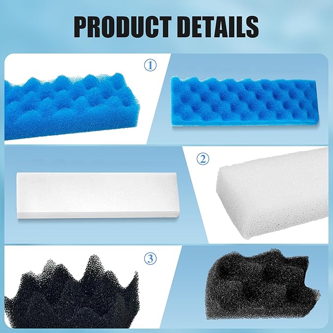 12 PCS Foam Filter Media Kit Compatible with Fluval 406/407 Canister Filters Including Blue White Black Bio Foam for Replacement Filter Sponges for Aquariums