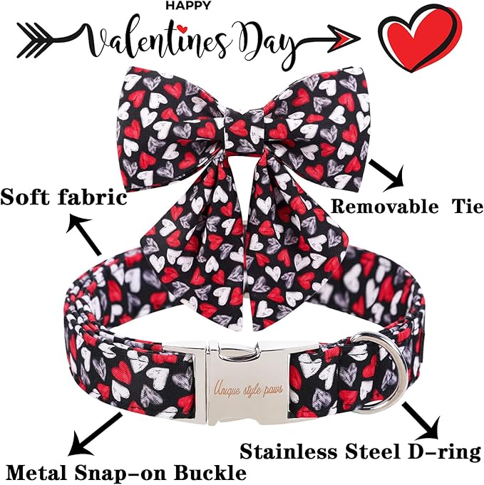 Unique style paws Valentine's Day Dog Collar with Tie Black & Red Heart Puppy Collar Best Gothic Style Gift for Small Medium Large Boys Girls-XS