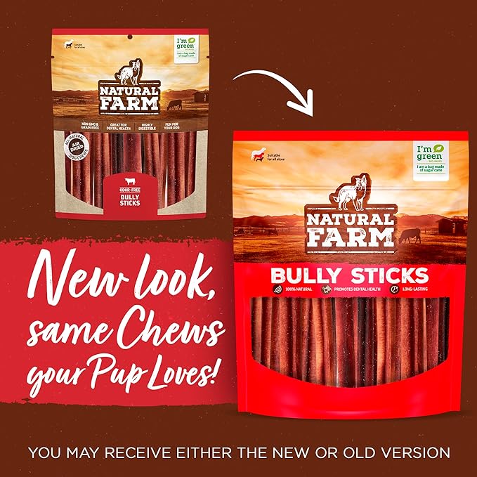 Natural Farm Odor Free Jumbo Bully Sticks (6 Inch, 12 Pack), Extra-Thick Dog Treats – Fully Digestible 100% Beef Treats, Natural Dental Chews – Keep Your Dog Busy with 50% Longer Lasting Chews