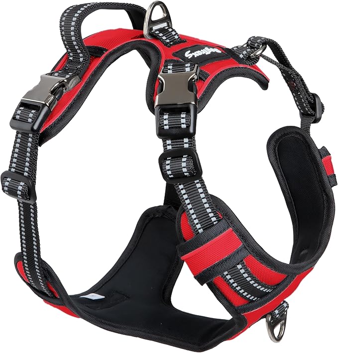 Step in Dog Harness for Medium Dogs, Ruby Red, Adjustable, Easy On Off, No Pull Through Design, 2 Dog Leash Points, 3M Reflective Trim, Neoprene Padded Control Handle