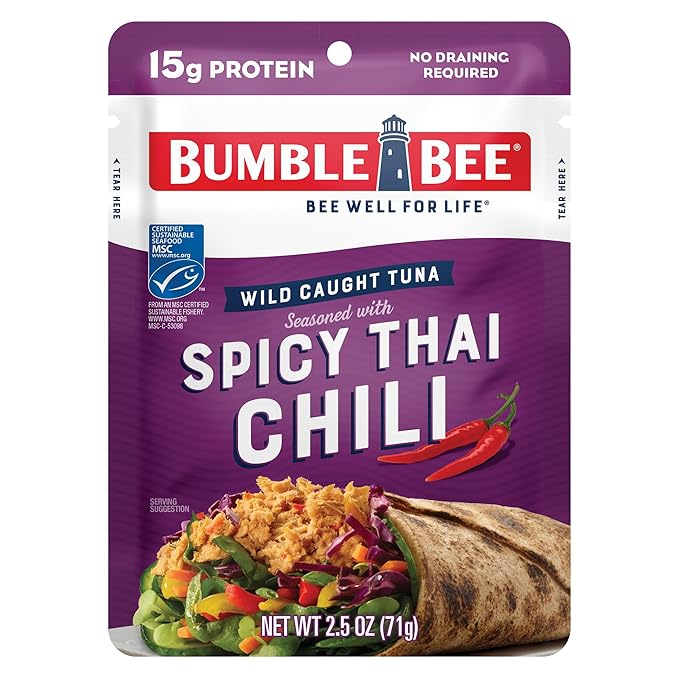 Bumble Bee Spicy Thai Chili Seasoned Tuna Pouch - Wild Caught and Ready to Eat for Snack, Salad, Korean Tuna Bowl - 15g Protein per Serving - PERFECT, PORTABLE, GOODNESS - 2.5 oz Packet (Pack of 1)