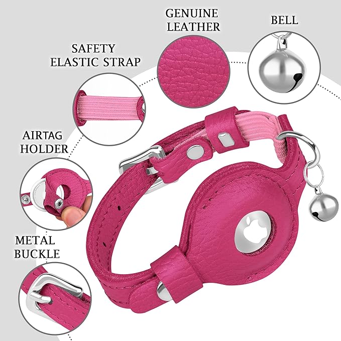 OOPSDOGGY Cat Collar for AirTag Holder, Leather Kitten Collars with Elastic Strap & Bell, Non Breakaway Adjustable Small Pet Collars for Indoor & Outdoor for Boy, Girl (Pink)