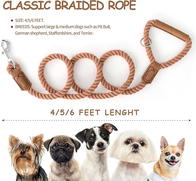 Mile High Life Dog Leash, Braided Cotton Rope Leashes with Leather Handle - Heavy Duty Metal Clasp, 6FT, 1/2" Thick - Wedding, Walking & Training Leash for Small Medium Large Dogs (Mocha Mousse)