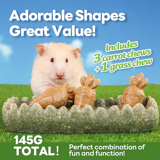 TEEWY Guinea Pig Chew Toys, Prevent Teeth Overgrowth, Natural Timothy Grass & Vegetables, Hamster Chew Toys, Guinea Pig Toys, Chinchilla Toys, 4PCS, Grass Patch & Carrots