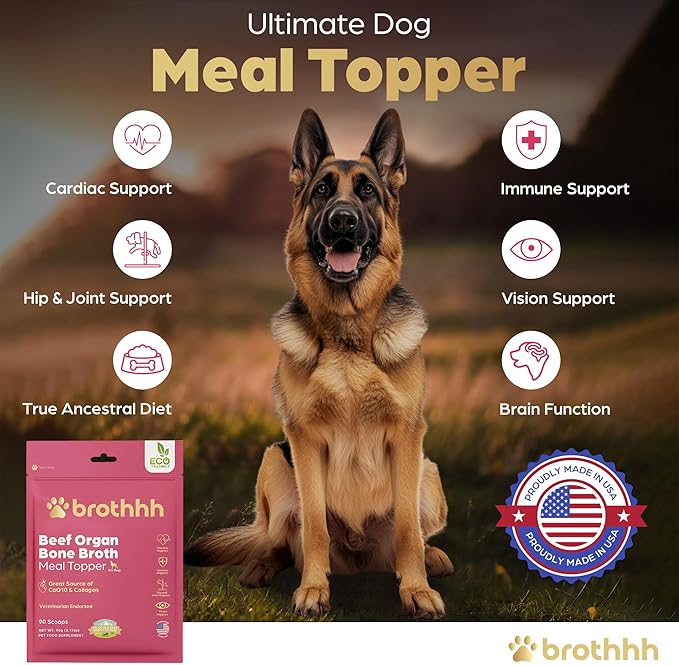 Beef Organ Bone Broth Meal Topper for Dogs - 100% Grass Fed, Veterinarian Approved, Non-GMO, Supports Joint Health, Heart Health, Vision, and Vitality - Made in The USA by Brothhh - Powder Supplement