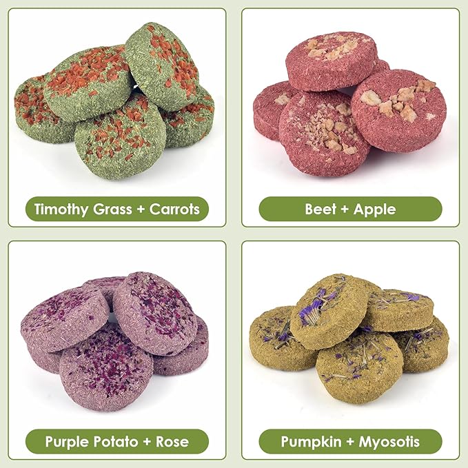 ERKOON 24Pcs Bunny Chew Toys, Small Animal Molar Toys Timothy Grass Beet Sweet Potato Pumpkin Cake Treats for Guinea Pig Hamster Bunny Chinchilla Gerbil, 100% Natural Rabbit Chews and Treats
