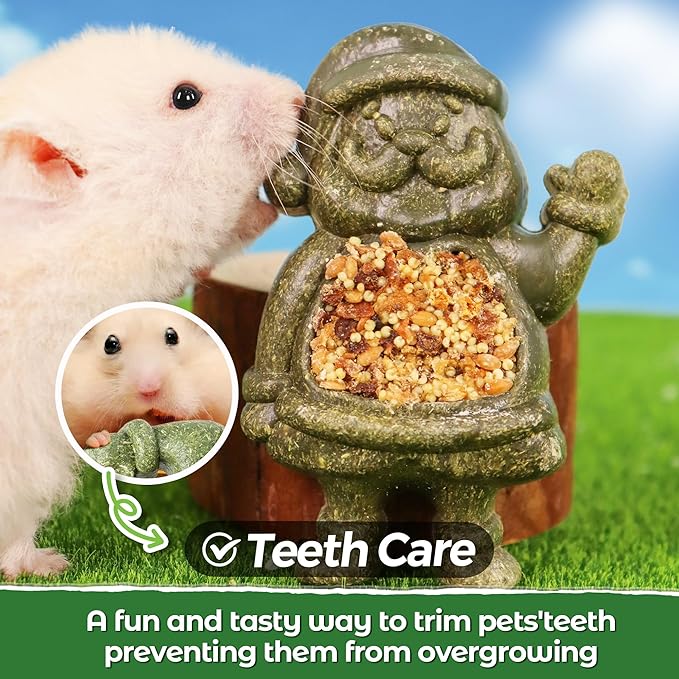 TEEWY Santa Claus Guinea Pig Toys, Natural Vegetables, Fruits and Timothy, Christmas Hamster Chew Toys for Teeth, Guinea Pig Toys Enrichment, Small Animal Chew Toys for Chinchilla, Rat, Gerbil, 2PCS