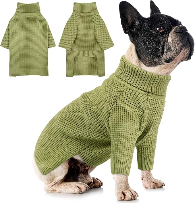 Queenmore Waffle Knit Small Dog Sweater, Long Sleeve Doggie Fall Sweater, Turtleneck Sweaters for Small Breeds, Samll Puppy Sweaters, Green S