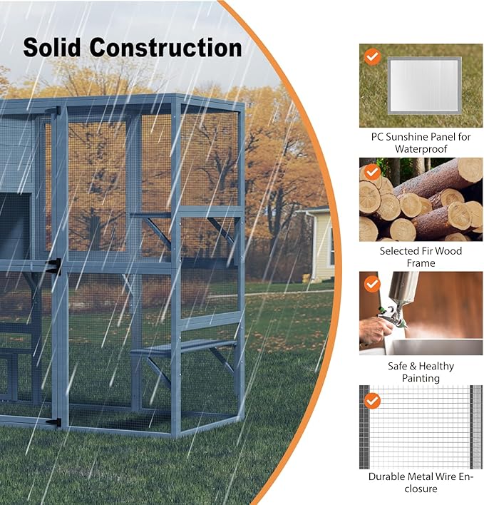 Catio Indoor Cat Enclosure, 4-Tier Large Cat Catio with Window Access, Indoor Catio Enclosure for Multiple Cats with Weatherproof Roof, 3 Resting Rooms, 3 Platforms & 2 Large Doors, Grey
