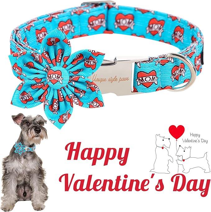 Unique style paws Valentine's Day Dog Collar with Flower Tie Blue Heart Puppy Collar Best Gift for Small Medium Large Boys Girls-L